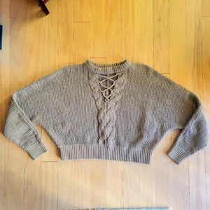 Derek Heart Tan Khaki Cutout Crisscross Front Sweater Cropped Bat Wing sz S M